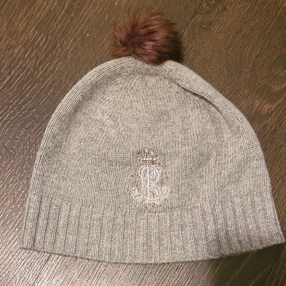 NWOT Ralph Lauren Gray Beanie with Brown Pom Pom And Crown Detail